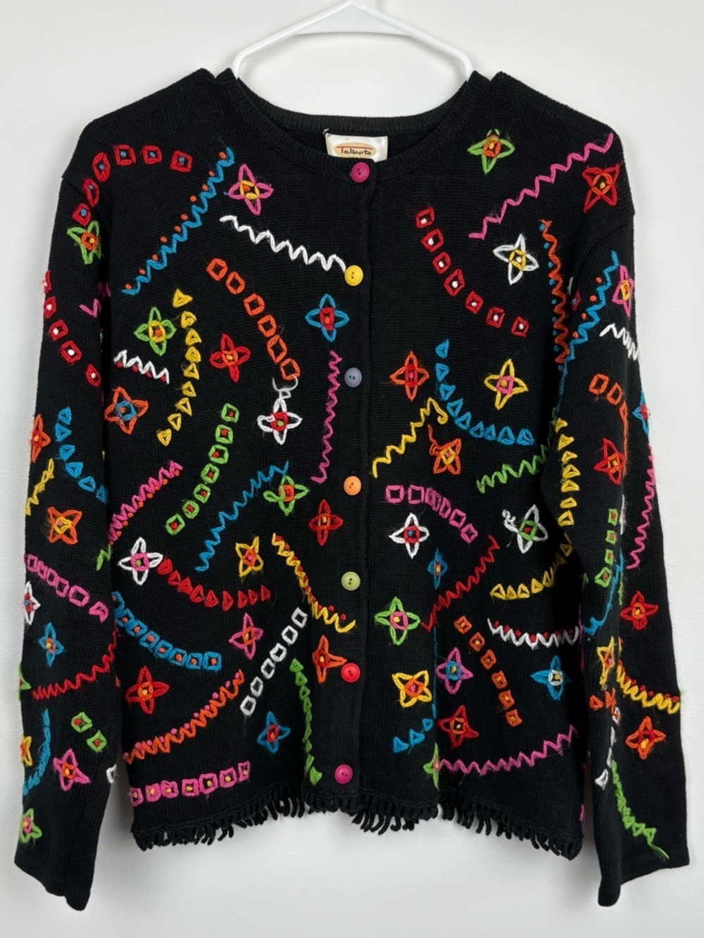 Vintage Talbots Black Knit Cardigan with Multicolor Embroidery Medium boho